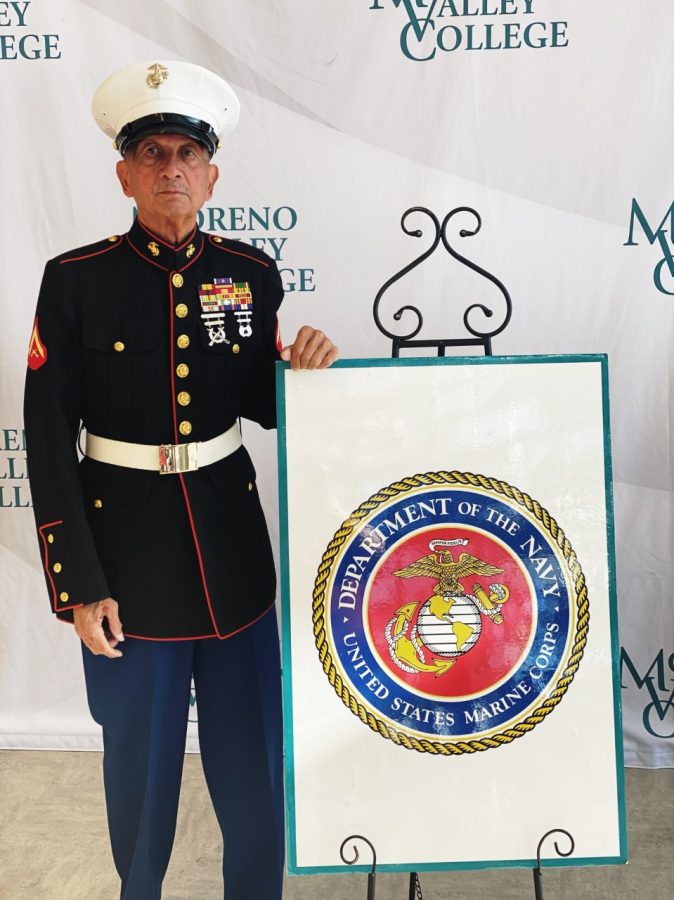 Albert Rabanes represents the U.S. Marines during the Veterans Day Celebration at Moreno Valley College